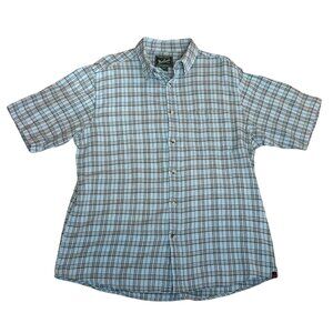 Woolrich‎ Mens L Plaid woven Button-Up Short Sleeve Shirt Blue Gray Woolen Mills
